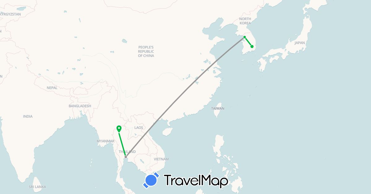 TravelMap itinerary: driving, bus, plane in South Korea, Thailand (Asia)